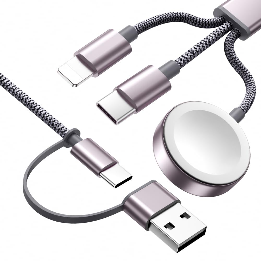 Wtinquik Travel Essentials, Multi Fast Charging Cable for Apple Watch Charger/iPhone Charger, 3 in 2 USB C Cable Cord Compatible with iWatch Ultra/SE/10-1/iPhone 16-11/Samsung S25-22, 4FT, Gray
