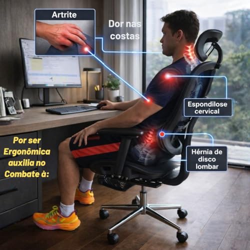 Cadeira Escritório Ergonômica Presidente XXL 200kg com Apoio para Pés Retrátil, Encosto Mesh Respirável, Apoio de Cabeça, Braços Ajustáveis, Reclinável e Base Cromada Premium Home Office (Preta)