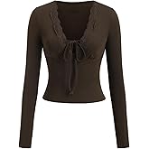 SOLY HUX Women's Lace Deep V Neck Long Sleeve T Shirts Tie Front Slim Fitted Tee Aesthetic Tops
