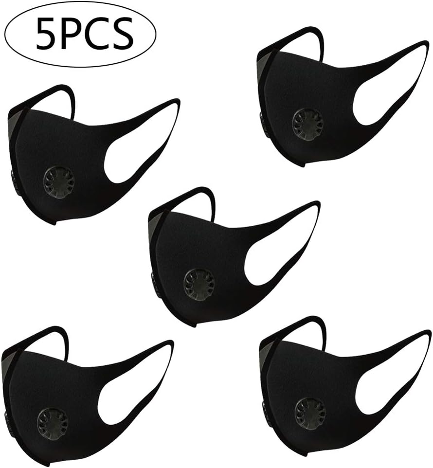 5pcs Double Valve Mask with Mask Cushion for Anti-Haze, Dust and Saliva Prevention, Three-Dimensional with Breathing Valve, Sponge Mask Black