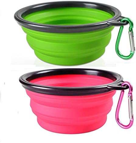 Collapsible Pet Bowl,BPA Free Food,Grade Silicone Travel Bowl, for Pet Dog/Cat Food Water Feeding Expandable Foldable Bowl for Dog& Cat Food (2 Pack ) (Green+Pink)