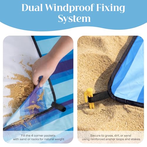 Beach Blanket Sandproof Waterproof, 213 x 213 cm (1-3 People ) Large Beach Mat with Stakes & Travel Bag, Lightweight,Quick-Dry,Portable Picnic Mat Beach Essentials for Outdoors,Cruise,Picnic & Camping
