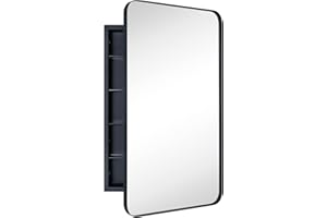 EGHOME Matt Black Rectangle Recessed Bathroom Medicine Cabinet with Mirror Stainless Steel Metal Framed Rounded Rectangular Bathroom Cabinet with Mirror 21x34''
