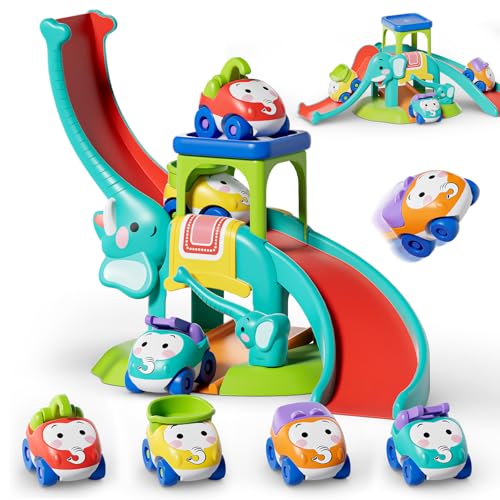 Lehoo Castle Juguetes para Niños 1 2 3 Años, Regalos de Cumpleaños, Tobogán de Elefante con 4 Coches de Animales, Juguetes Educativos para Bebés 12-18 Meses, Pista de Coches Empujables para Niño