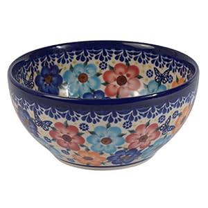 Traditional Polish Pottery, Handcrafted Ceramic Salad or Cereal Bowl 800 ml (d.16cm), Boleslawiec Style Pattern, M.702.Meadow