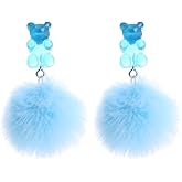 Pom Pom Fluffy Faux Fur Ball Resin Bear Drop Dangle Earrings for Women Girls