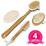 BEST DEAL Dry Brush Set for Dry Skin Brushing & Exfoliating - Premium Bamboo Bath & Shower Brush w/ 100% Boar Hair, Cellulite Massager, Foot Pumice Stone Brush by NUVA SPA