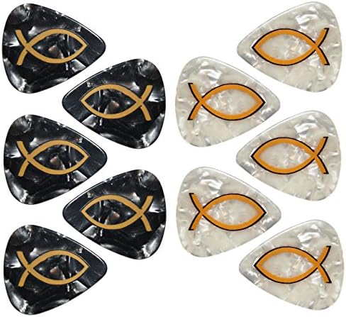Christian Guitar Picks, Ichthys Black and White Pearloid, Medium (.71mm), 10-Pack