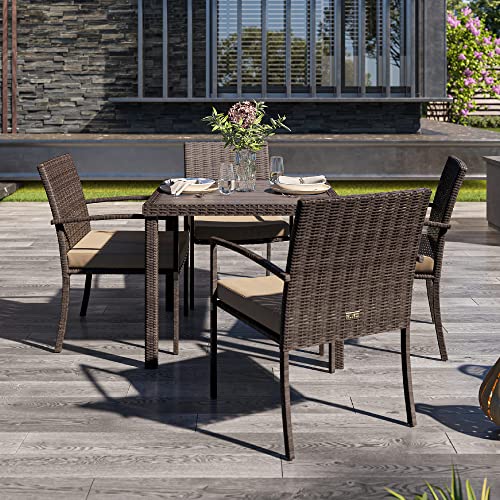 BELLEZE 5 Piece Rattan Patio Set, Slatted Wicker Dining Table and