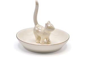 ROSA&ROSE Cat Ring Holder Trinket Tray Ceramic Jewelry Dish Porcelain Ring Organizer Gift for Women, Girlfriend or Valentine's Day (Pearl White)