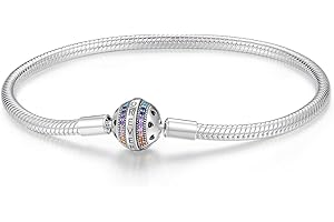 HappyStar 925 Sterling Silver Snake Chain Bracelet Fully compatible with Pandora charms, With Mickey Mouse head Clasp Charm Bracelets Gifts for Teen Women