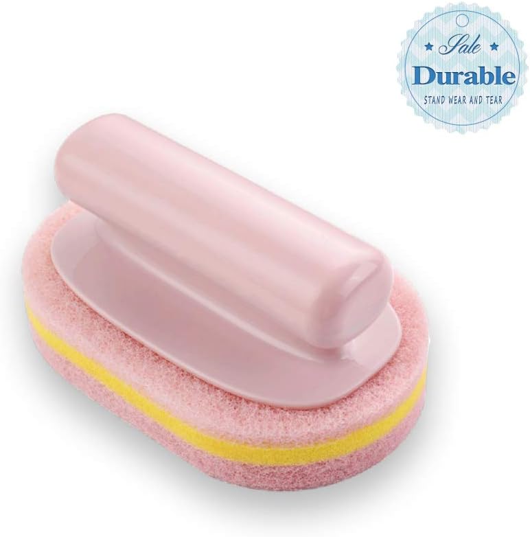 Rando Handle Sponge Brush Household Cleaning for Kitchen Bathroom Tile Shower Bathtub Scrubber Scouring Brush 1PC (Pink)