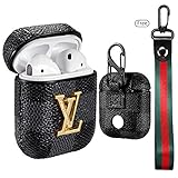 Mulafnxal Compatible with Airpods 1&2 Case, Luxury Classic Leather Shockproof Airpod Cover Designer Stylish Fashion Cool Shockproof Design Skin Cases for Girls Man Woman Air pods (Black Square Chain)