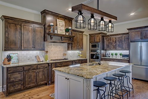 Farmhouse Lighting Triple Wood Beam Rustic Decor Chandelier Light -Rustic Lighting for Kitchen Island Lighting, Dining Room, Bar, Industrial, and Billiard Table-Wooden Light with Edison Cages (Smooth)