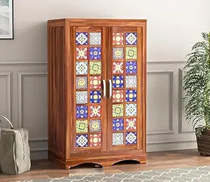 MJ FURNITURE Solid Sheesham Wood Wardrobe with 2 Doors & 2 Shelf Storage ? Exquisite Wooden Classic Almirah for Clothes in Your Bedroom(Design 50)