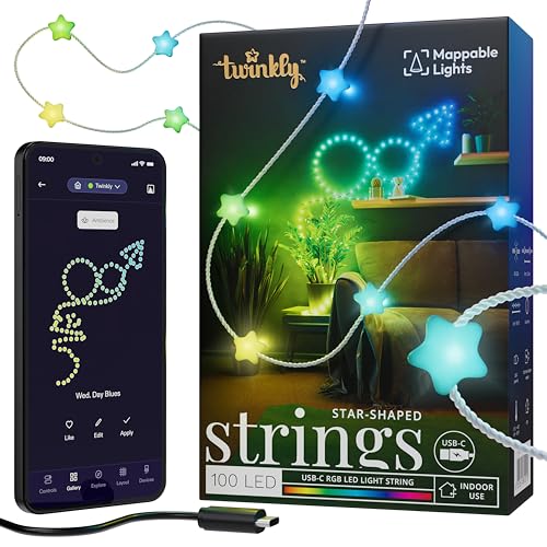 Twinkly Strings USB-C Star 100 LED, Sternförmige LED-Lichterkette, RGB LED-Lichter Mehrfarbig, Lichter zum Valentinstag, Kompatibel mit Alexa und Google Home, USB-C, Transparentes Kabel, 6m
