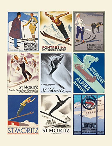 Large Stickers (each sticker 2.5"x3.5”, 9 stickers on sheet) Carl Moos Ski Sport European Travel Poster FLONZ Craft Vintage Art Deco Ephemera