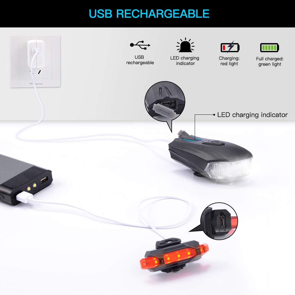 Bike Light Set, USB Rechargeable Cycle Lights, Waterproof Mountain Bicycle Lights, Easy Mount & Quick Release, Super Bright High Safety Front Light & Rear Light (5 Modes, 400 Lumen, 2 USB Cables)