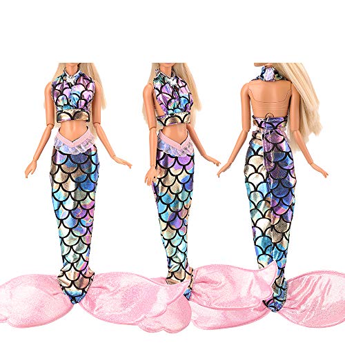 BARWA 3 Sets Mermaid Tail Dresses with 1 Top Rainbow Sequins Handmade