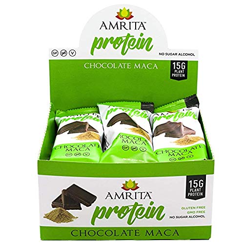 Amrita High Protein Gluten Free Bars with 15g Protein per Paleo Bar, Full of Iron Calcium & Vitamins A and D, No Sugar, Non-GMO, Pack of 12 Bars (Chocolate Maca)