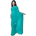 themilestocks Women's Bollywood Chiffon Plain Sari Festival Uniform Saree Wrap Fabric Unstitched Blouse Piece Party Wear, One Size, Turquise Blue