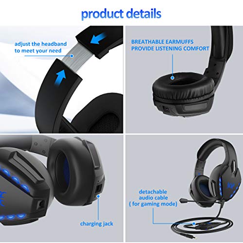 PHOINIKAS Gaming Headset für PS4, Xbox One, PC, Nintendo Switch, Wired Kopfhörer für Spiele mit Noise Cancelling-Mik und 7.1 Bass Surround, Wireless Bluetooth-Headset für Musik, 40H-Spielzeit - Blau