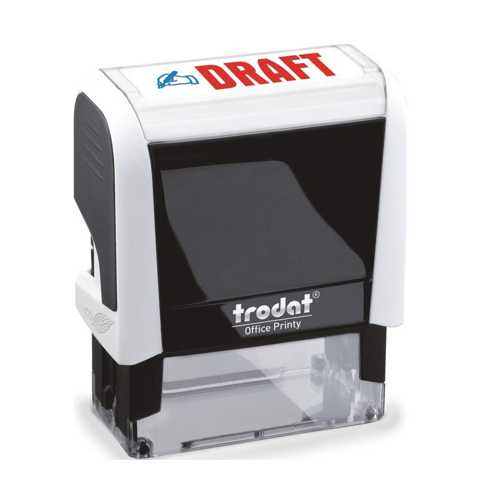Trodat White Medium Self-inking Draft Stamp - 'DRAFT' Text in Red, Blue Image, Recycled Material