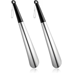 Chsoejuf 2 PCS Metal Shoe Horn, 12 Inch Portable Long Handle for Home with Hanging Hole, Metal Stainless Steel Shoehorn for E