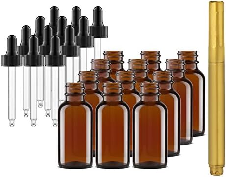 Culinaire 12 Pack Of 1 oz Amber Glass Bottles with Dropper Tops and Gold Glass Pen