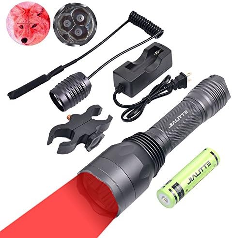 Red Light Hunting Flashlight JIALITTE 350 Lumens CREE LED Tactical Torch Light with Remote Pressure Switch+ Barrel Mount+ 18650 Battery+ Charger Perfect for Hunting Fishing & Detector