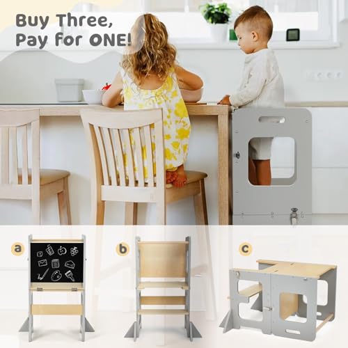 labebe Montessori Tower for Children, Folding Learning Tower with Blackboard, Multifunction 3 in 1 Learning Tower, Tower from 1 Year (Grau)