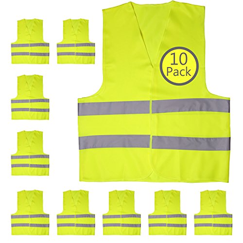 Yellow Safety Reflector Vests bulk, Pack of 10 Bright Construction Vests with Visibility Strip, Perfect for Warehouses, Traffic and Parking Patrol by Upper Midland Products