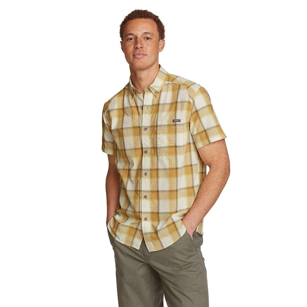 Eddie Bauer Men’s Big & Tall Pack It Seersucker Short-Sleeve Shirt, Alaska Gold