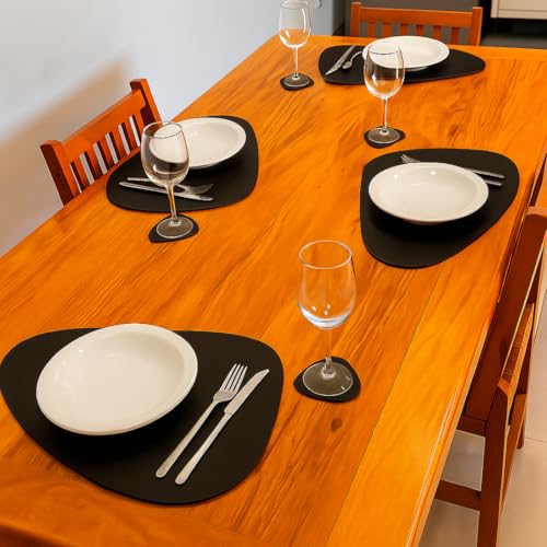 Jogo Americano Sousplat em Couro Ecológico Preto Formato Orgânico Impermeável, Resistente e Fácil de Limpar, Elegante para Mesa Posta e Decoração (6)