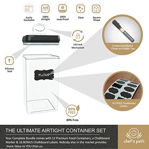 Chef's Path Airtight Food Storage Container Set - 12 PC Set - 16 BONUS Chalkboard Labels & Marker - BEST VALUE Kitchen & Pantry Containers - BPA Free - Clear Durable Plastic with Black Lids