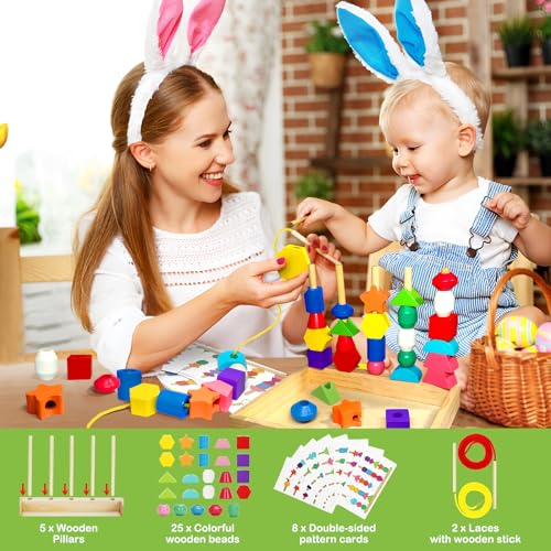 Chithor Montessori Games 3 in 1 Wooden Lacing Beads Toys, Stackable, Thread Toy, Sorting Toys, Activity Child Educational Game, Child Toy Gift Girl Boy 2 3 4 5 Years Old