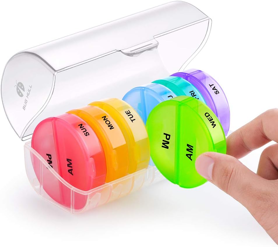 BUG HULL Pill Organizer 2 Times a Day, Twice a Day Weekly Pill Box, 7 Day AM PM Pill Case, Daily Round Medicine Organizer for Vitamins, Fish Oils or Supplement