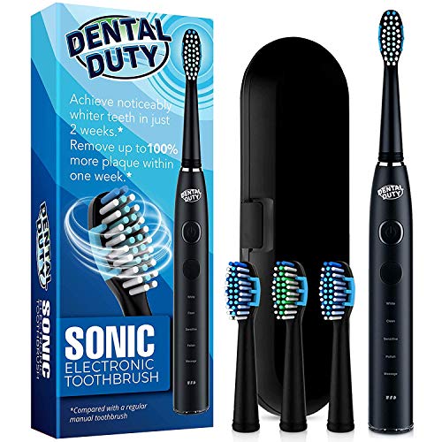 Sonic Electric Toothbrush- Electronic Black Toothbrush w/Replacement Brush Heads & Travel Case, 5 Modes, Dentist Recommended, Rechargeable w/Smart Timer, Best Ultra Whitening Toothbrushes For Adults.