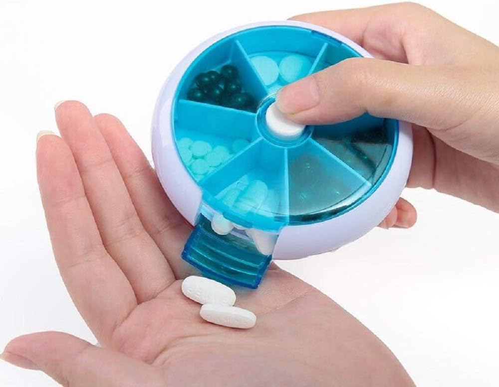 Ruihua Pill Box 7 Lattices Round Tray Pill Case Weekly Seven Days Blue Mini Portable Box, Bule