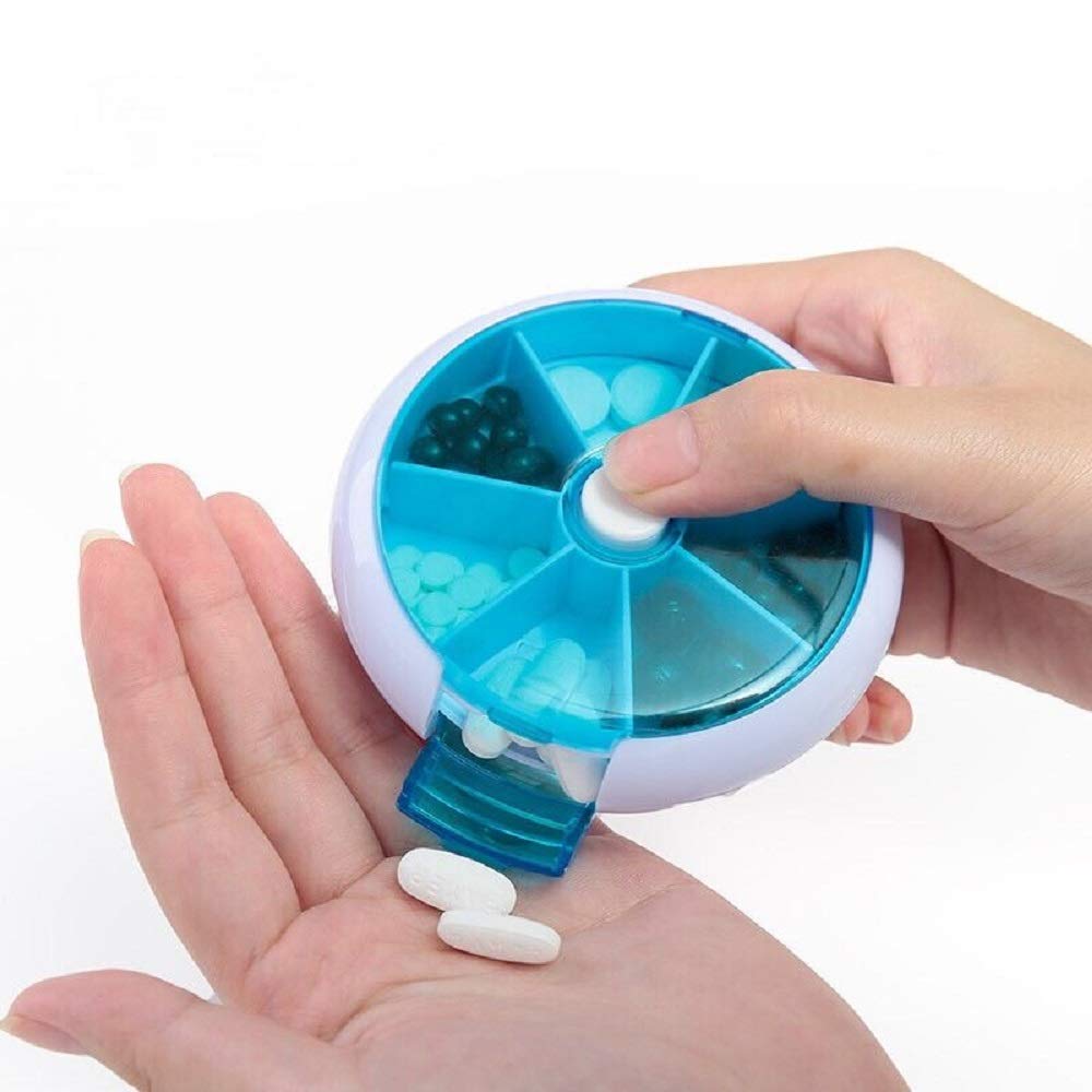 Ruihua Pill Box 7 Lattices Round Tray Pill Case Weekly Seven Days Blue Mini Portable Box