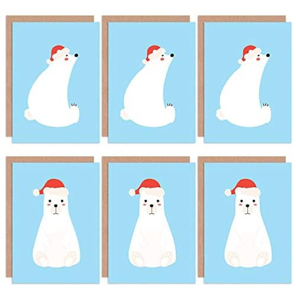 Wee Blue Coo Christmas Cards x6 Cute Polar Bear Kids Santa Hat (2 Designs)