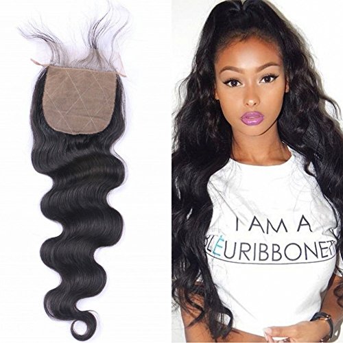 G-EASY Silk Base Closure Free Part Closure Human Hair Body Wave 4x4 Peruvian Hair Closures with Baby Hair (14", Natural Color)