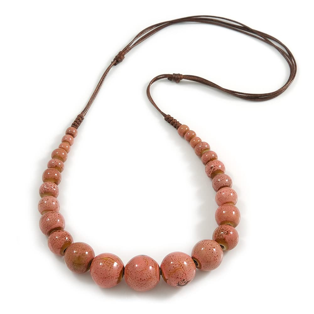 Avalaya Dusty Pink Ceramic Bead Brown Silk Cords Necklace - Adjustable - 60cm to 70cm Long