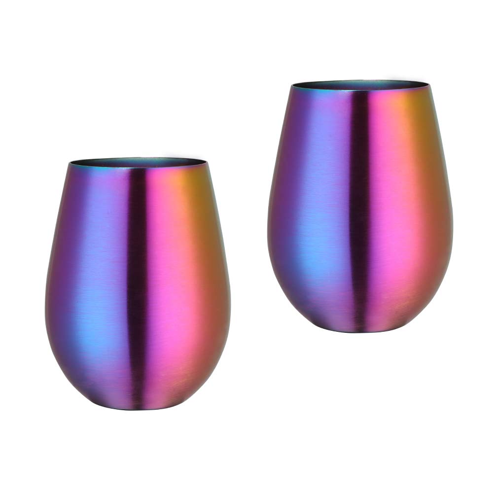 TUPMFG 17 oz Stainless Steel Stemless Wine Glasses, Outdoor Portable Wine Tumbler for The Pool, Camping, Cookouts, Travel - Set of 2 Metal Drinking Cups (Rainbow)