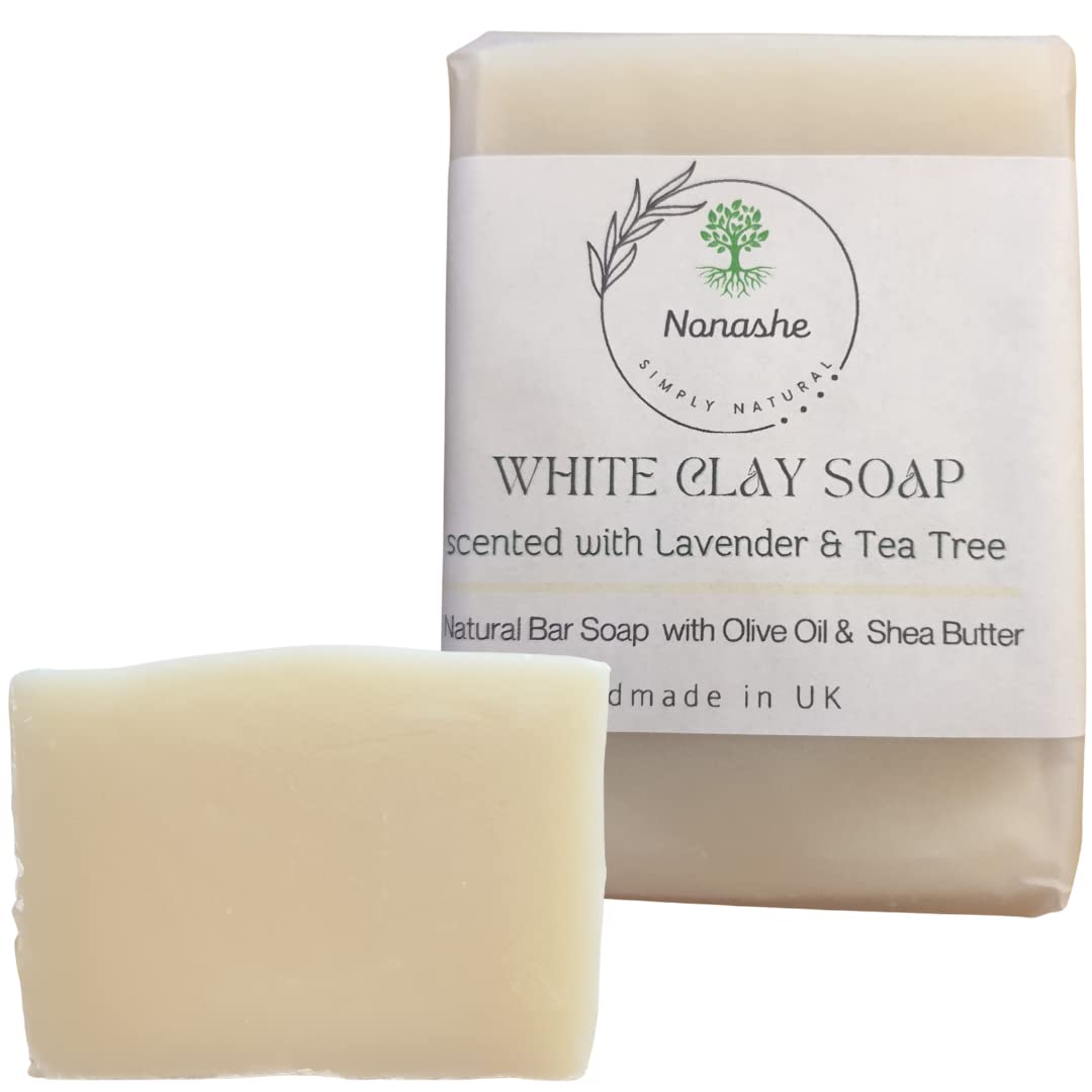 Nonashe Handmade Cleansing Bar Soap With Olive Oil,Shea Butter,For All Types Skin,Natural Ingredients,Vegan & Palm Oil Free,Face & Body Soap for Women & Men.(White Clay Soap,Lavender & Tea Tree,100g)