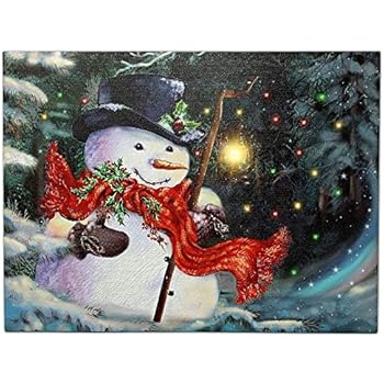 BANBERRY DESIGNS Light Up Snowman Picture - LED Lights Christmas Canvas Print - Snowmen Wall Hanging with a Black Top Hat and a Red Scarf - Winter Scene