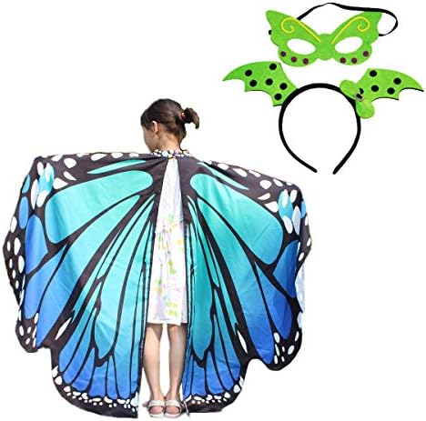 Kids Butterfly Wings Cape Shawl Costume Mask for Girls Rainbow Halloween Dress Up Party