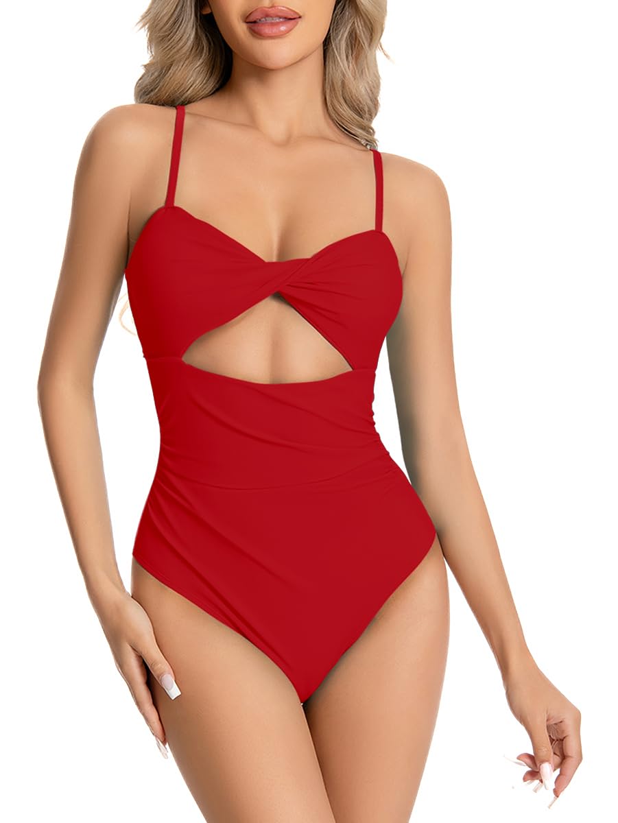 Photo 1 of KOKITA Womens One Piece Swimsuit Tummy Control Cross Cutout Bathing Flattering Sexy Twist Lady Bathing Suit Red XL