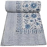 V Vedant Designs Indian Hand Block Print Kantha Quilt, Cotton Bed Cover, Twin/Queen Bedspread, Handmade Coverlet Blanket (Block 08, Queen)