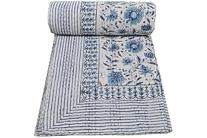 V Vedant Designs Indian Handmade Kantha Quilt New Beautiful Floral Print Bed Cover Throw Twin Cotton Blanket Gudari (Blue&White)